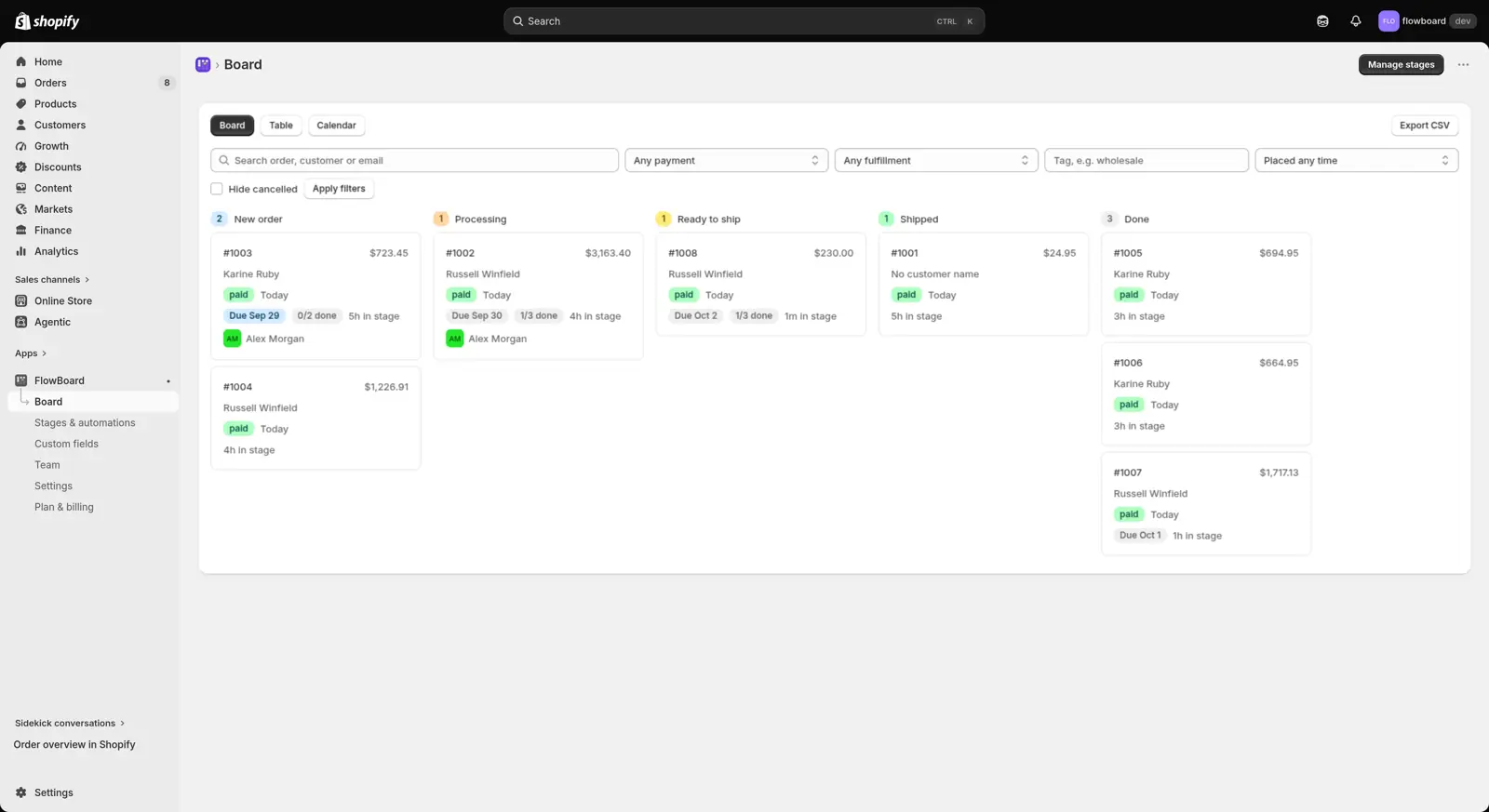 FlowBoard board view in the Shopify admin, with orders as cards across stages