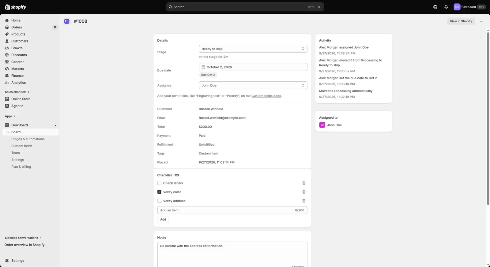 A FlowBoard order page with stage, due date, checklist, notes and activity