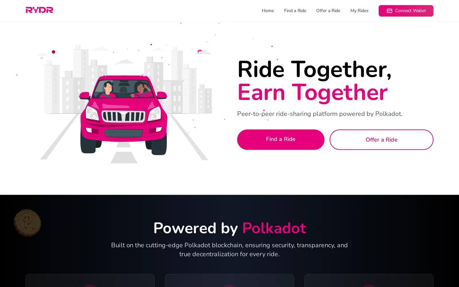Rydr home page: Ride Together, Earn Together, with Find a Ride and Offer a Ride buttons