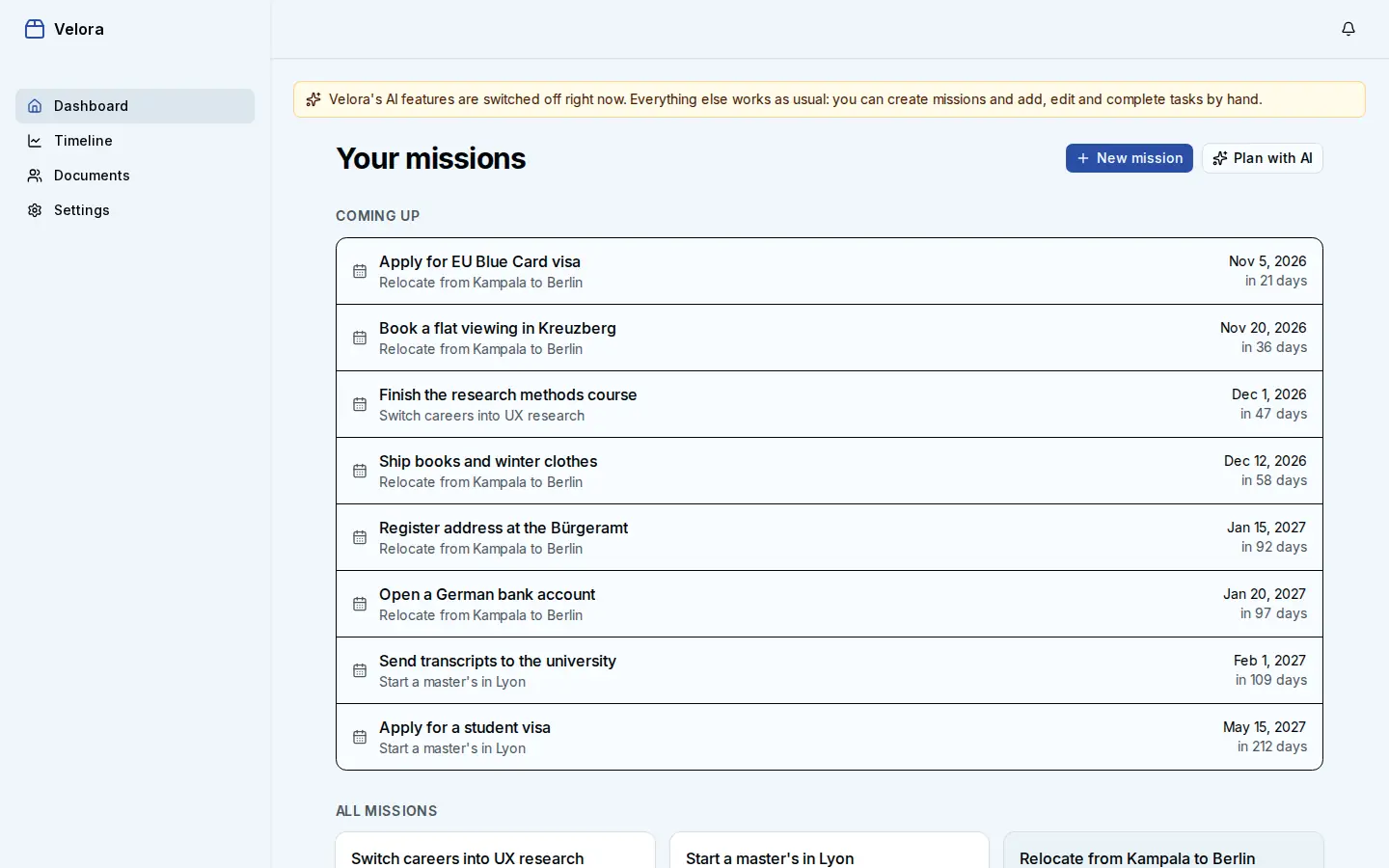 Velora dashboard listing upcoming tasks across three missions
