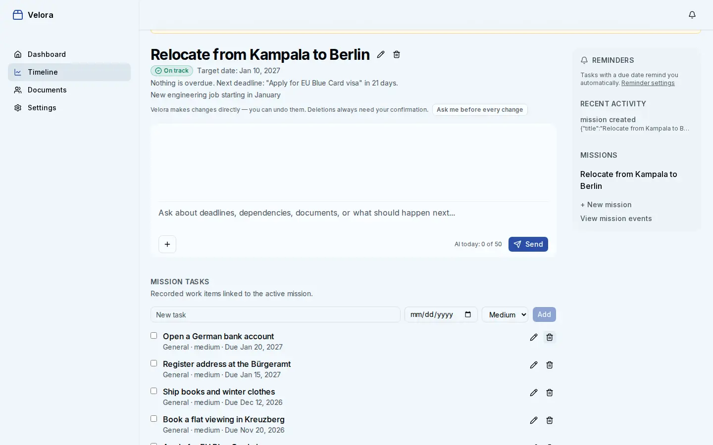 A Velora mission page for relocating from Kampala to Berlin, with tasks and recent activity