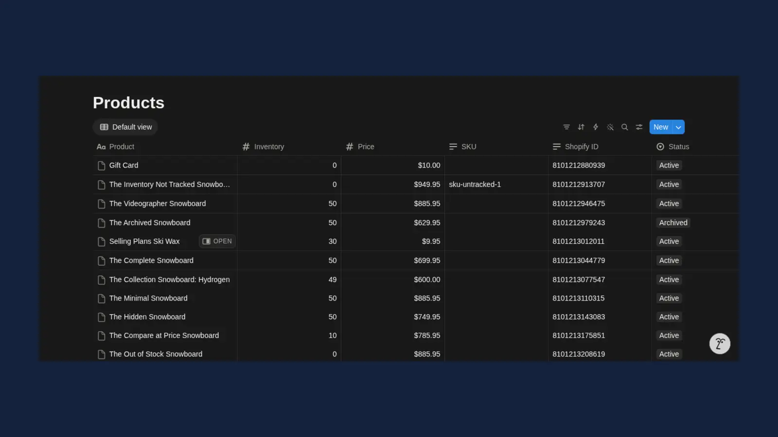 Shopify products synced into a Notion database by Yosync