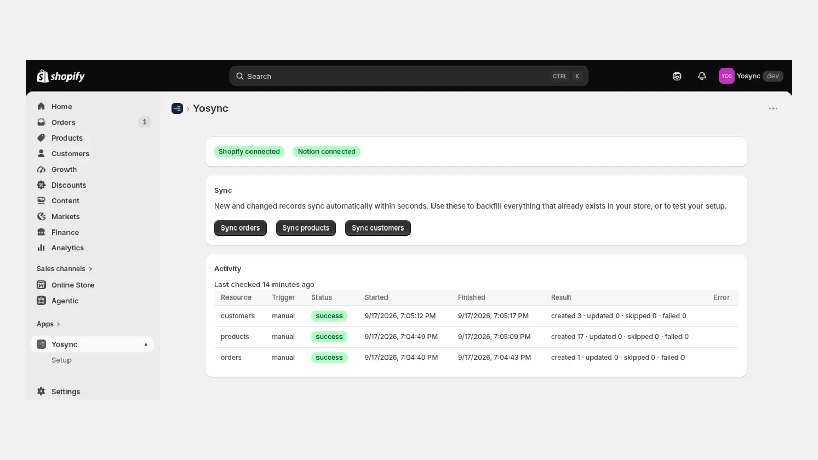 Yosync's dashboard in the Shopify admin showing connection status and sync activity